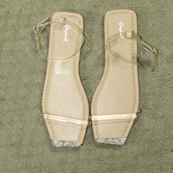 NEW Qupid Women's 9 Clear Ankle Wrap Straps Square Rhinestone Toe Flat Sandals - Picture 2 of 6